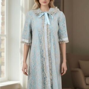 Odette Barsa Lace Lingerie Slip Dressing Gown Robe Medium Peignoir Blue Cream